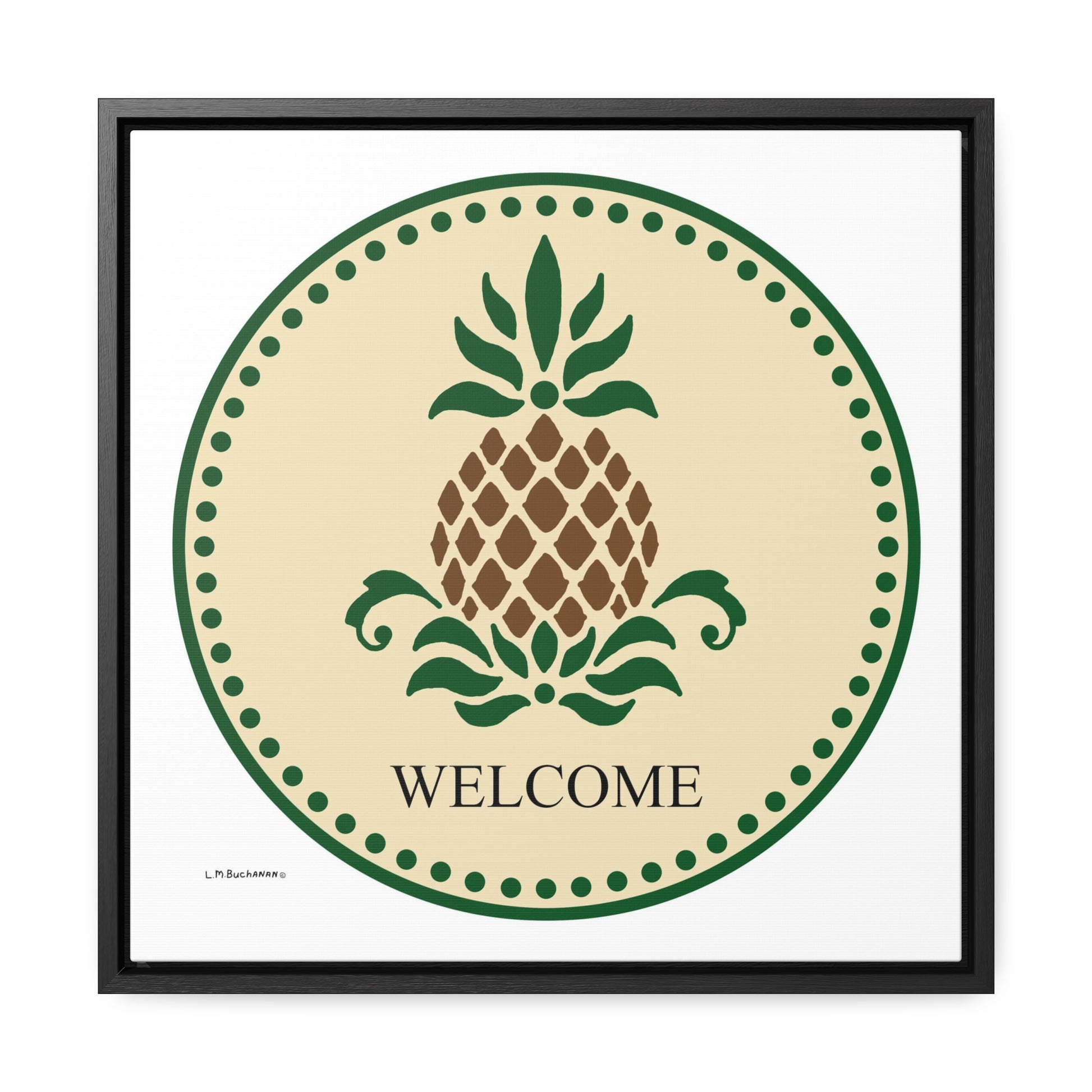 The Welcome Folk Art Design Gallery Wrapped Art Print is a reproduction of a fine art design by artist Lee M. Buchanan. The pineapple has long been a symbol of welcome and hospitality. Hang this stunning print on your wall and say "Welcome!" to all who visit and enjoy your special hospitality.
