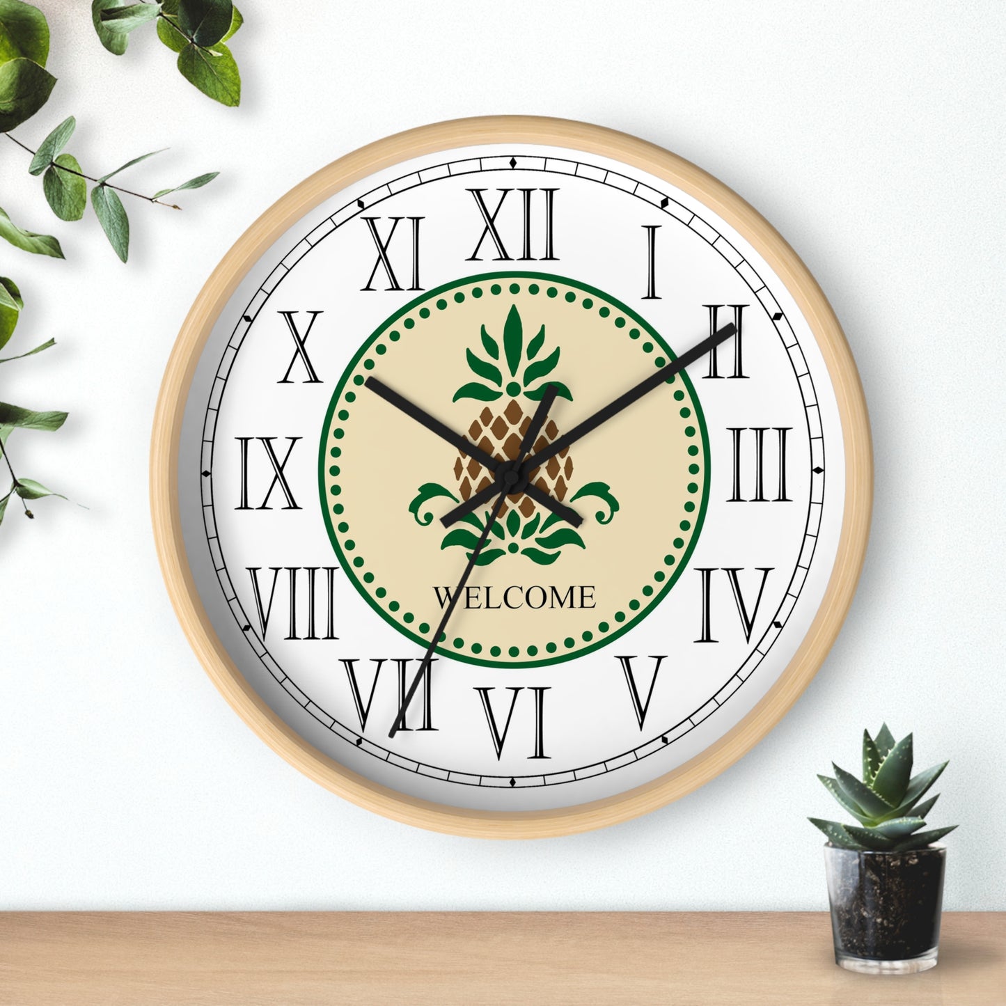 The WelcomeFolk Art Design Roman Numeral Clock will add an exciting and practical accent to any room. This charming clock features Roman Numerals and will serve as a statement piece and create a personalized environment in your room. The pineapple has long been a symbol of welcome and hospitality. The Welcome Folk Art Design is a reproduction of a fine art design by Lee M. Buchanan.