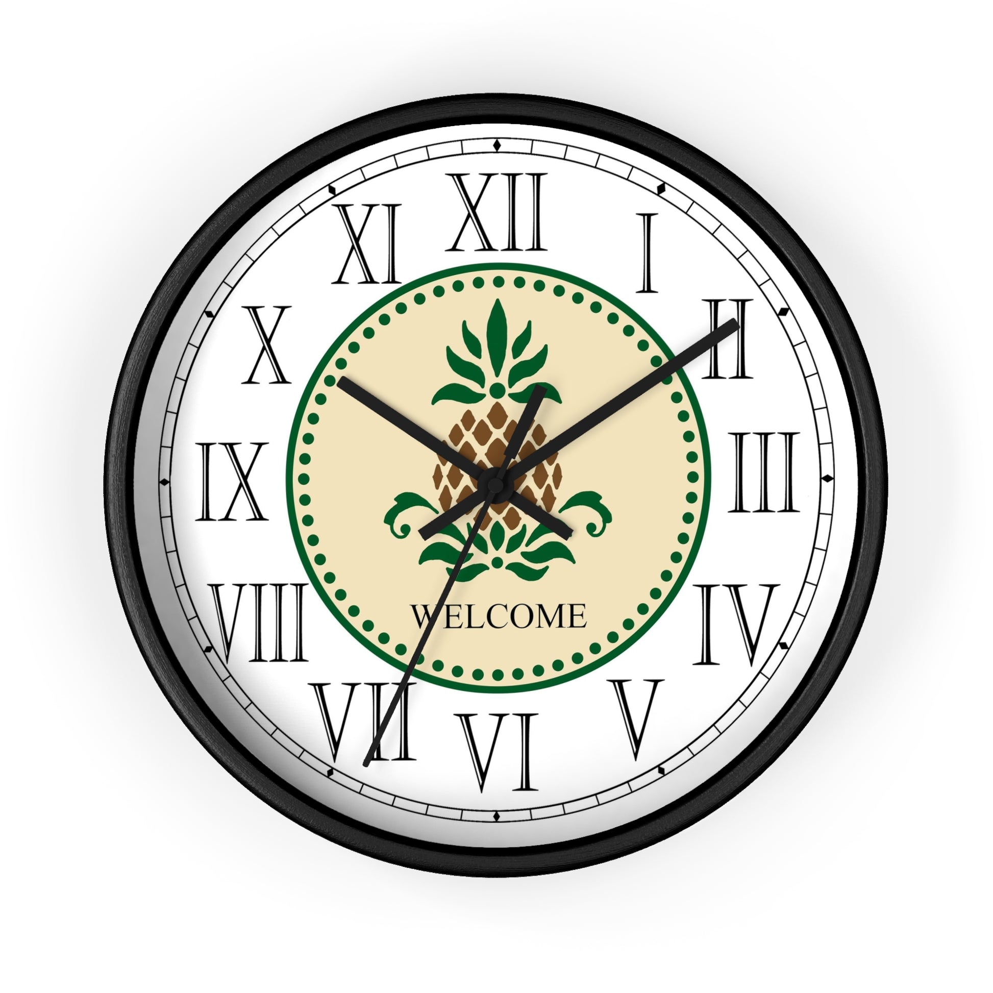 The WelcomeFolk Art Design Roman Numeral Clock will add an exciting and practical accent to any room. This charming clock features Roman Numerals and will serve as a statement piece and create a personalized environment in your room. The pineapple has long been a symbol of welcome and hospitality. The Welcome Folk Art Design is a reproduction of a fine art design by Lee M. Buchanan.