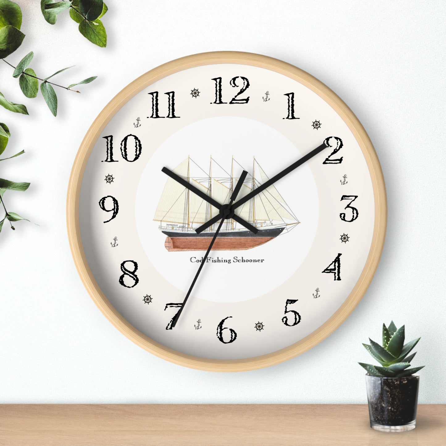 The Atlantic Pearl Heirloom Designer Clock featrures the classic Cod Fishing Schooner.