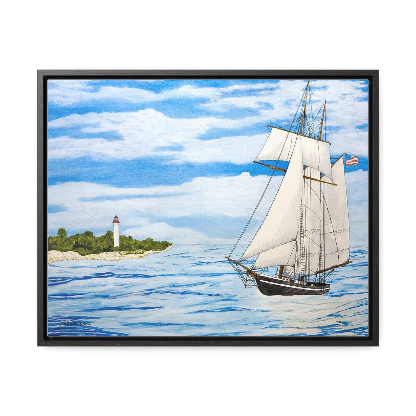 Pleasant Breeze Off Cape May features a small topsail schooner as it enters the Delaware Bay and rounds the point in view of the Cape May, New Jersey Lighthouse. The canvas wrap is a reproduction of an original watercolor by Lee M. Buchanan .