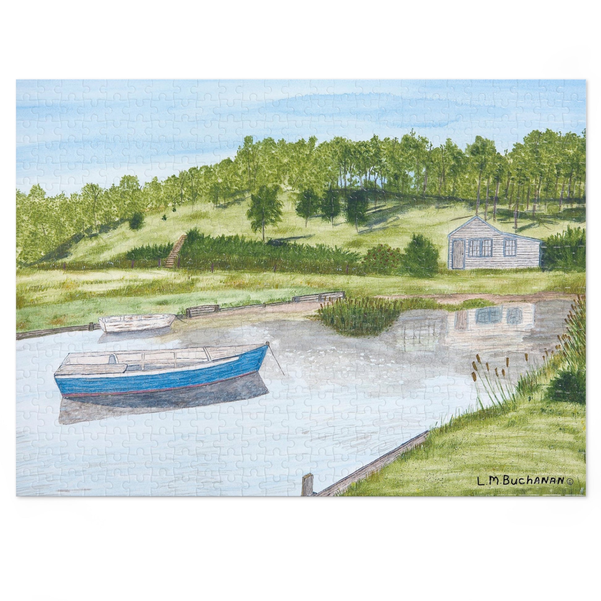 Fishermen's Cove is a reproduction of a watercolor painting by artist Lee M. Buchanan. A quiet and secluded inlet, tucked away on New England's Cape Cod provided a perfect Portrait of a fishermen's dream spot.
