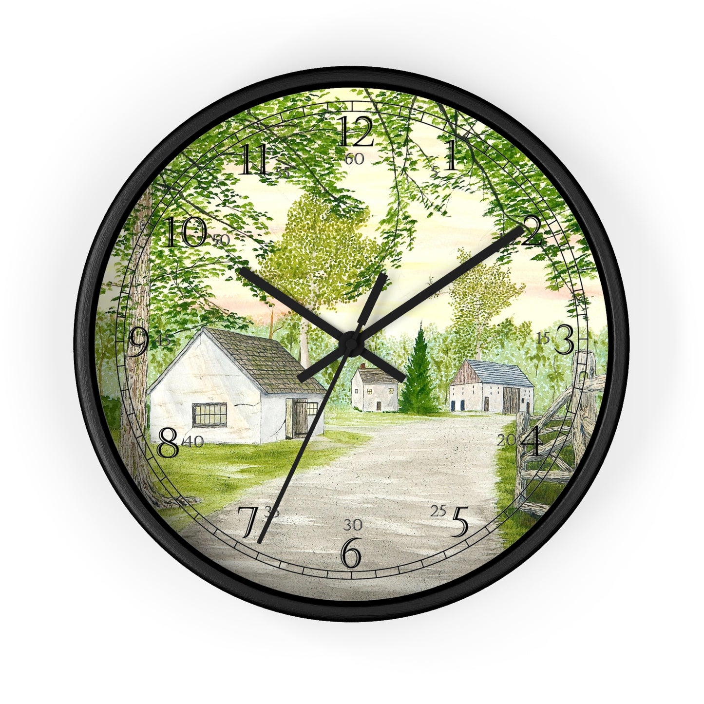 The Country Lane and Fence English Numeral Clock features a reproduction of a watercolor painting by artist Lee M. Buchanan. This charming clock will add a warm and welcoming touch to any room in your home.