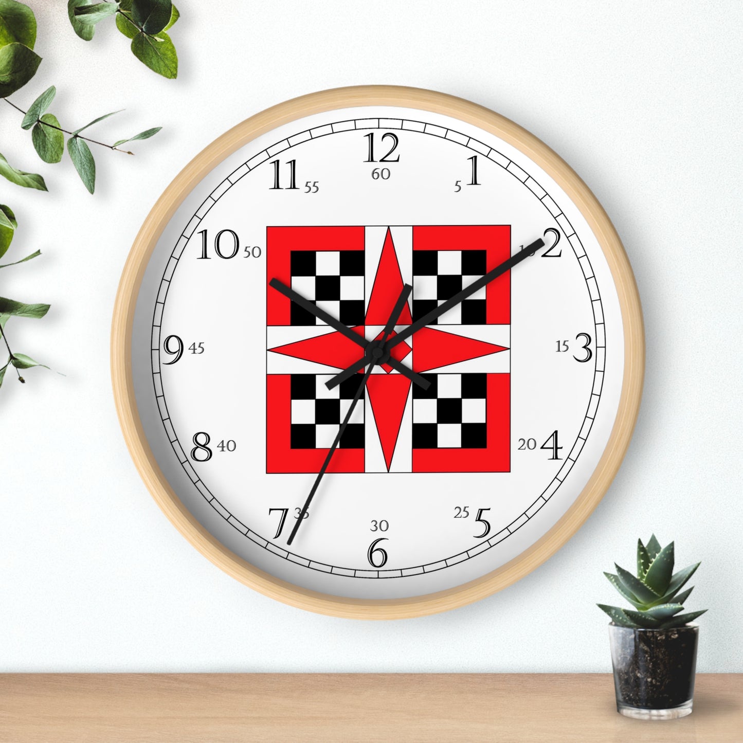 The Waverly Star Quilt Design English Numeral Clock is a reproduction of a fine art design by artist Lee M. Buchanan. This pattern style is usually listed in the Five Patch Quilt Pattern group. If you love to quilt or appreciate the style and craftsmanship involved, this clock will add a special touch to a favorite room in your home!