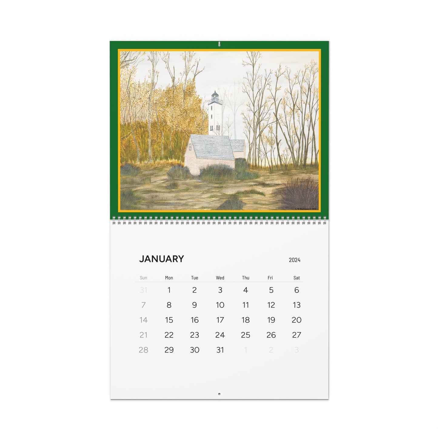 The Coast & Country All Seasons 2024 Wall Calendar includes reproductions of 12 stunning watercolors by artist Lee M. Buchanan. with ample room in the date blocks to record appointments or special events.  A beautiful calendar with collectable art prints!