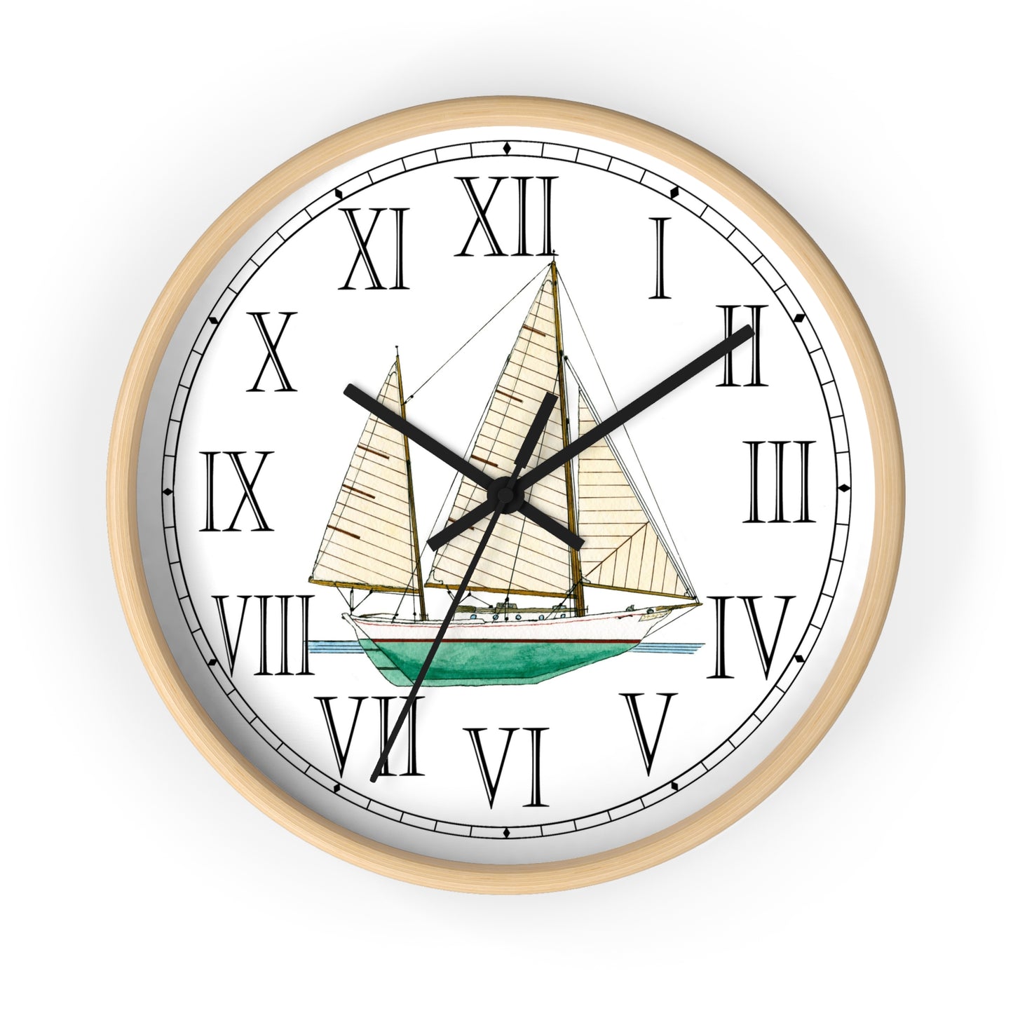 The Radiant Star cruising ketch has a flat transom, an outboard rudder and clipper bow. Sailing enthusiasts will enjoy using this clock on both land and sea. Great gift for your favorite sailor!   The boat design in the clock is a reproduction of an original watercolor by Lee M. Buchanan. This clock features Roman Numerals and will add a classic and colorful touch to any room in your home.
