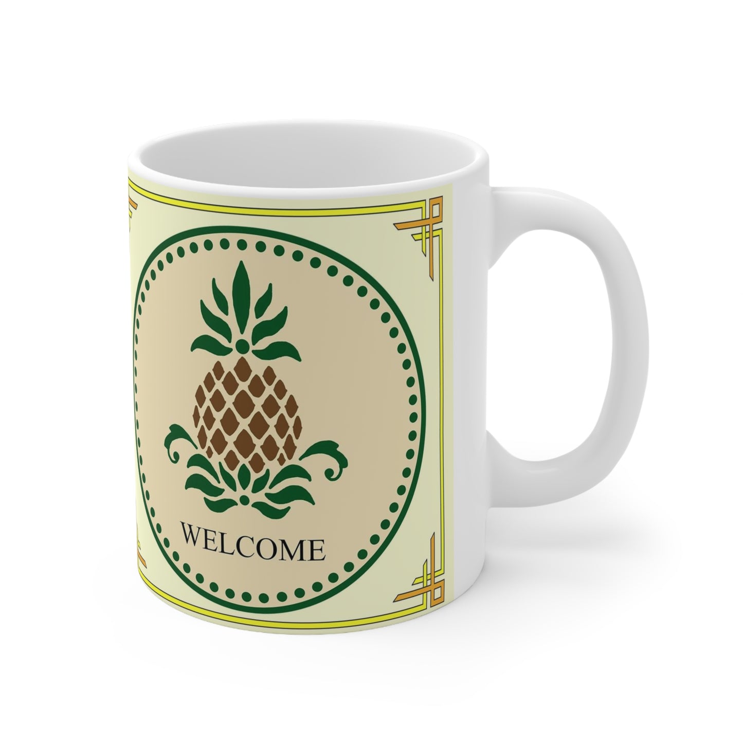 Start your day or entertain friends when you serve steaming cups of coffee, tea or hot chocolate in these attractive Welcome Folk Art Design mugs. The pineapple has long been a symbol of hospitality and a welcoming spirit and will be  appreciated by your guests.  The Welcome Folk Art Design image is a reproduction of a creative art design by artist Lee M. Buchanan