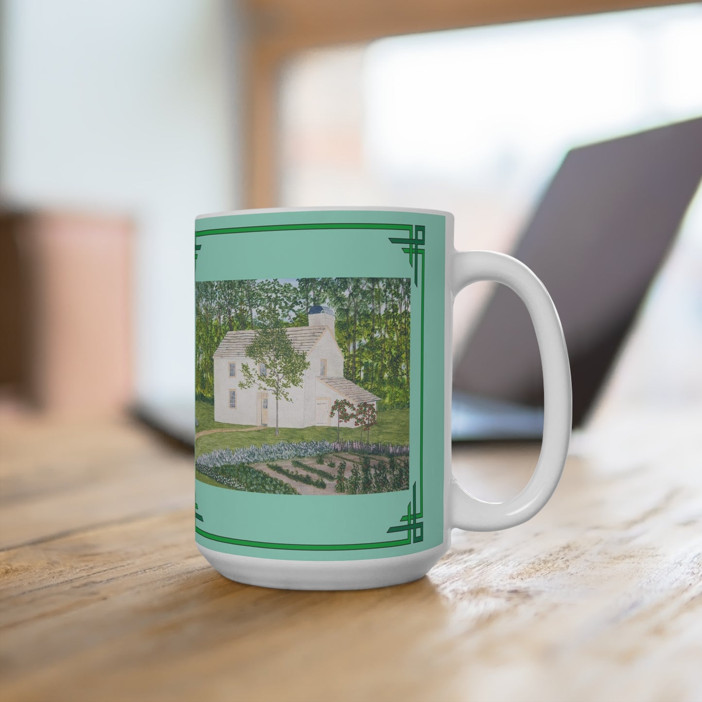 The Country Garden 15 oz. Mug features a reproduction of a watercolor painting by artist Lee M. Buchanan. Enjoy your favorite beverage in   the mug when you work on your laptop.