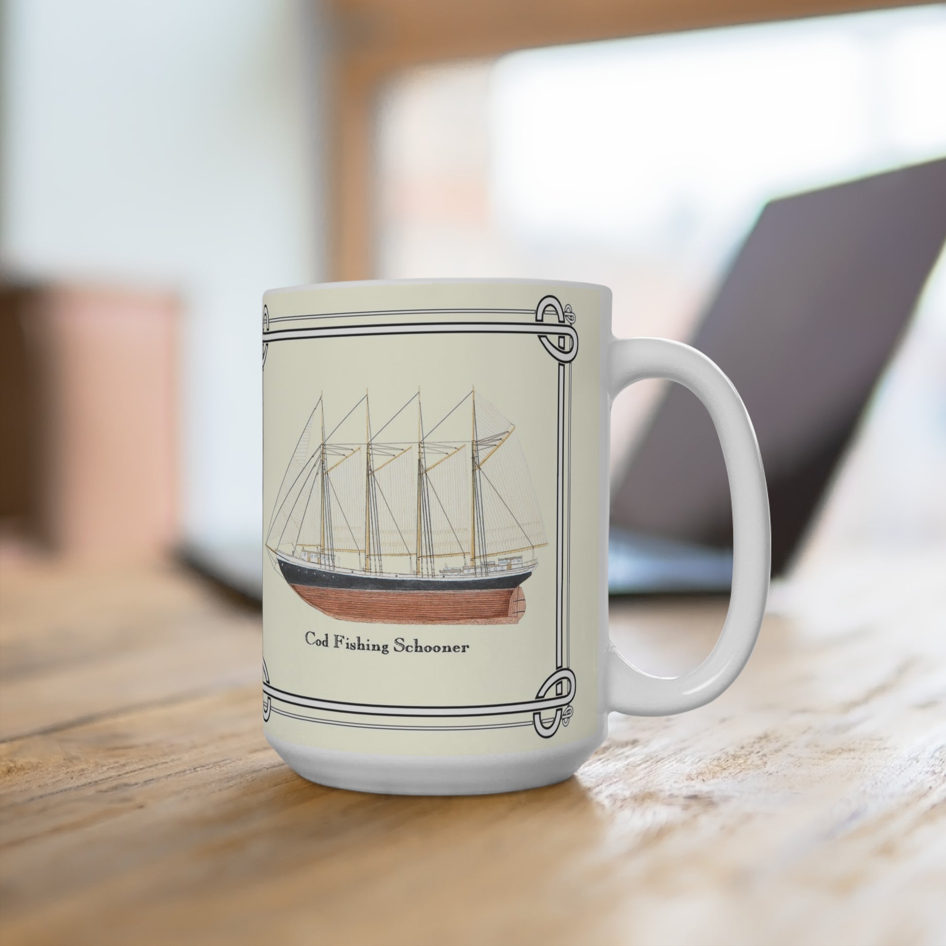 This 15 oz. Mug features the Atlantic Pearl, a classic Cod Fishing Schooner.