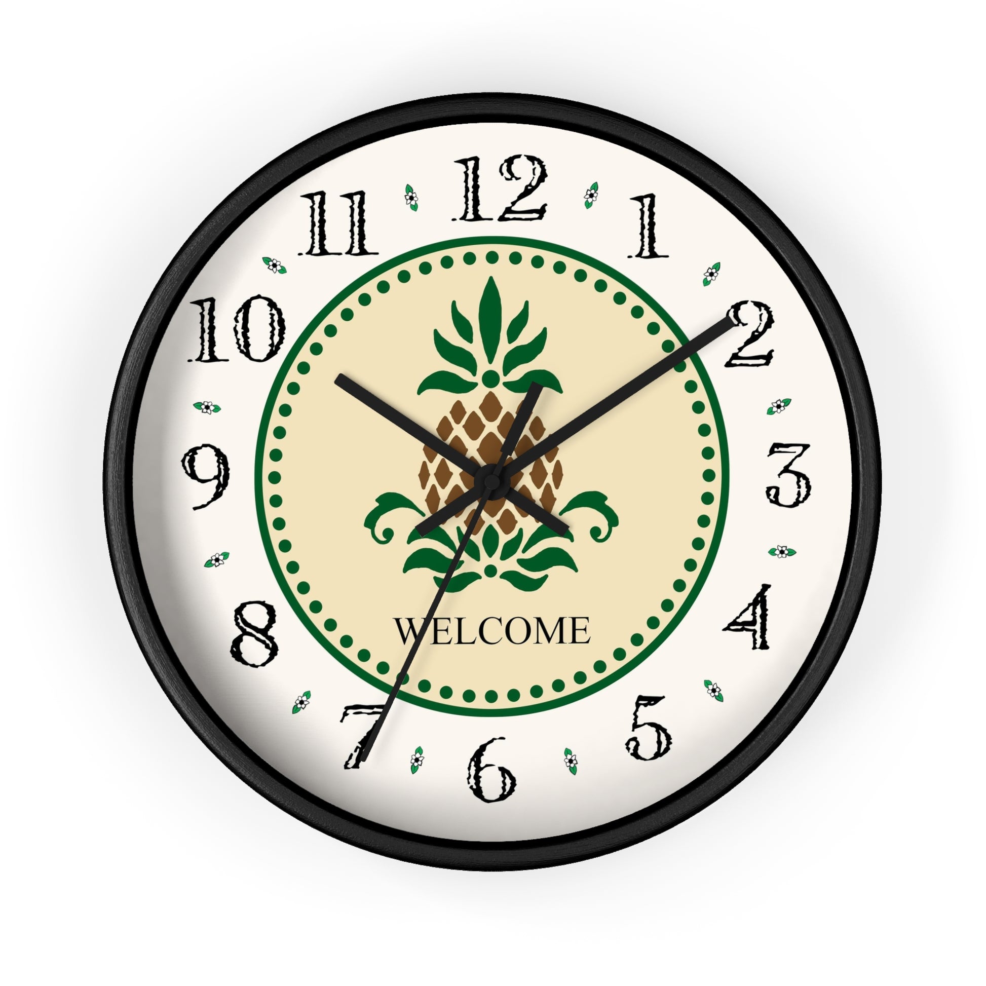 The Welcome Folk Art Design Heirloom Designer Collection Wall Clock features a pineapple and the word "Welcome". The pineapple has long been a symbol of welcome and hospitality. Place this stunning Folk Art Design clock on your wall and say "Welcome!" to all who visit and enjoy your special hospitality.     The clock image is a reproduction of an original watercolor by Lee M. Buchanan., with  hand-drawn images between the numbers.
