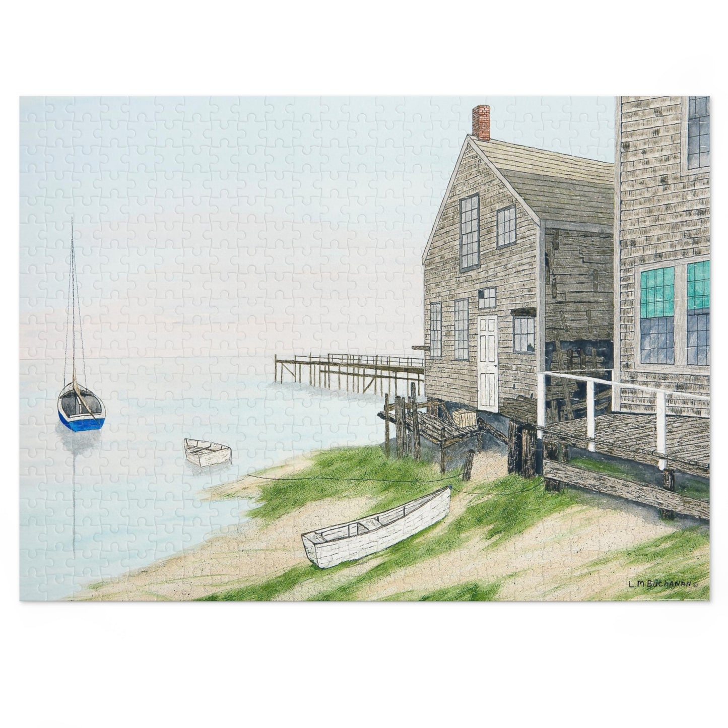 The Low Tide image is a reproduction of a watercolor by artist Lee M. Buchanan. Nantucket Island is full of charm, and  this scene conveys its beauty and tranquility. This painting is the artist's vision of a scene at the bay. 