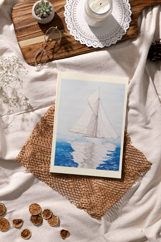 If you love sailing, the Becalmed Journal will be your writing companion! A cutter is becalmed on the run as the racer waits for a breeze on the downward leg of the run.&nbsp; The Becalmed image is a reproduction of a watercolor painting by Lee M. Buchanan.