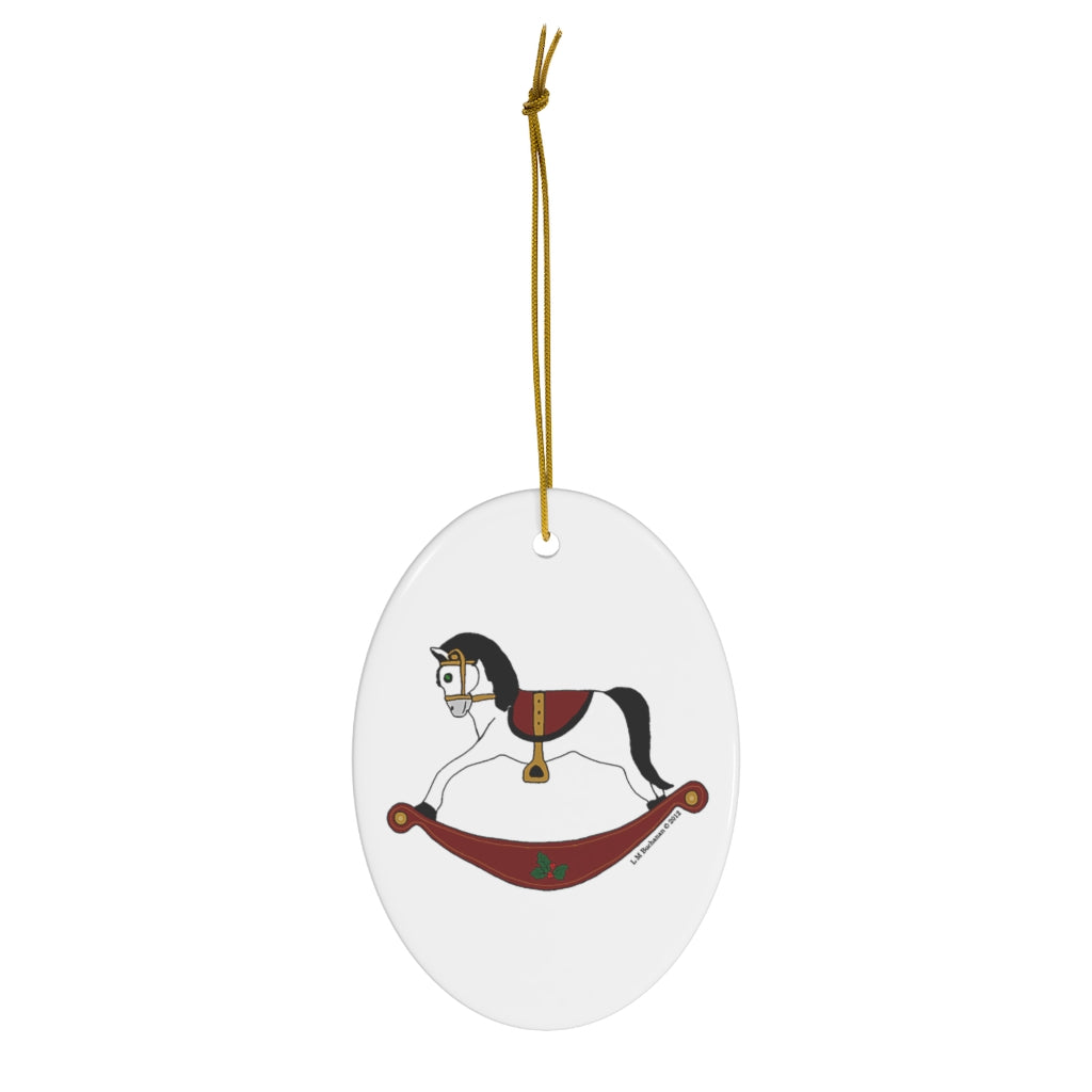 White and Red Rocking Horse Oval Ceramic Ornament