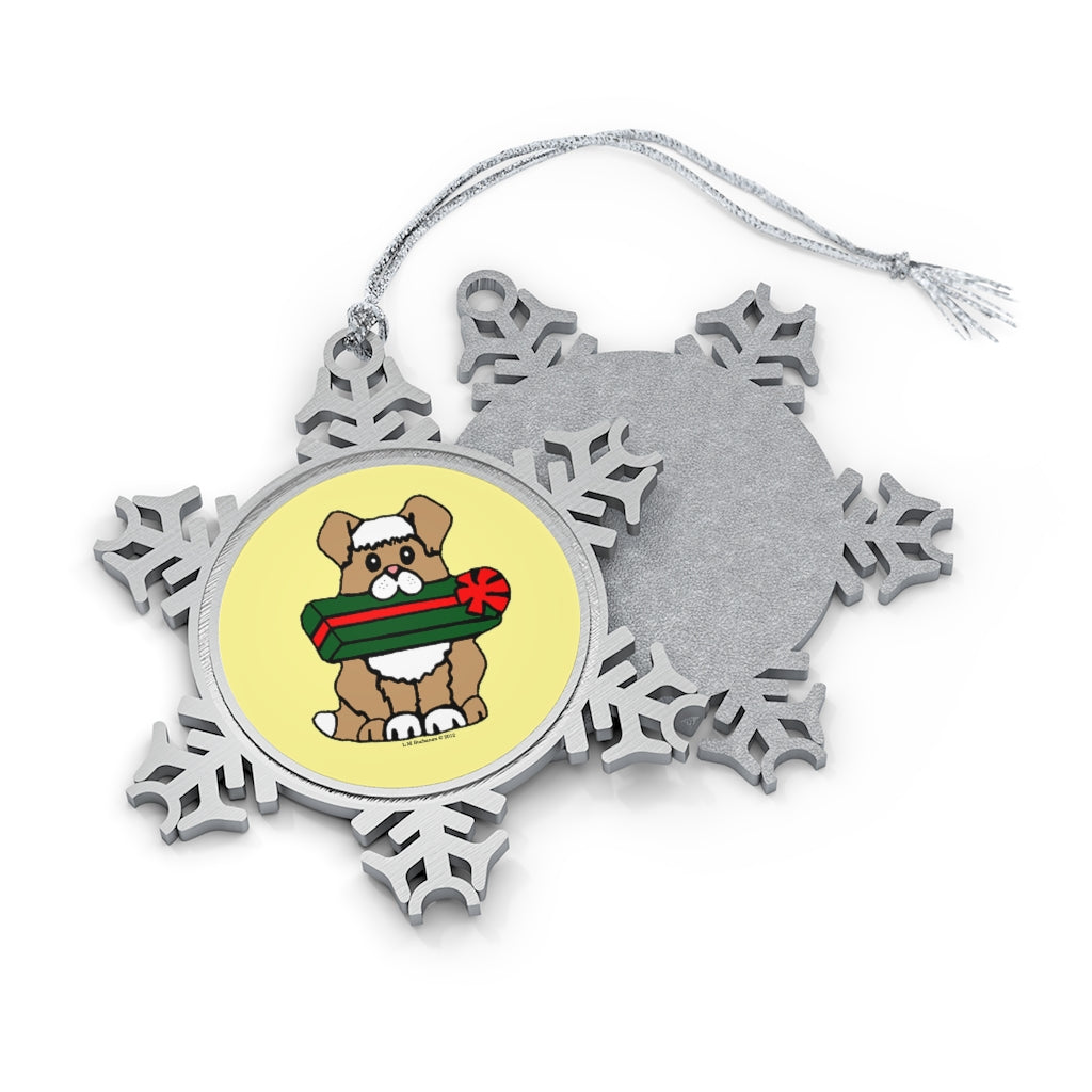 Holiday Dog with Gift Pewter Snowflake Ornament