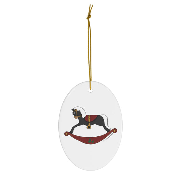Black and Red Rocking Horse Oval Ceramic Ornament