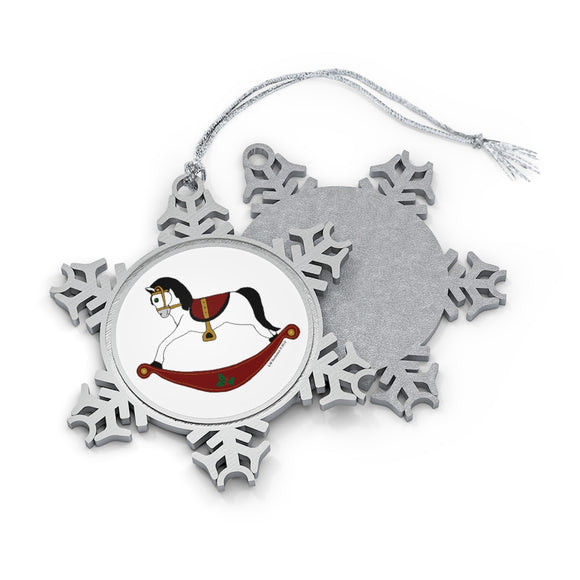 White and Red Rocking Horse Pewter Snowflake Ornament