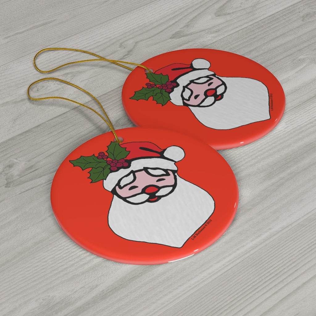 Santa With Holly Sprig Round Ceramic Ornament