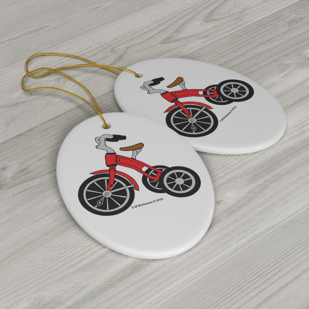 Red Tricycle Oval Ceramic Ornament