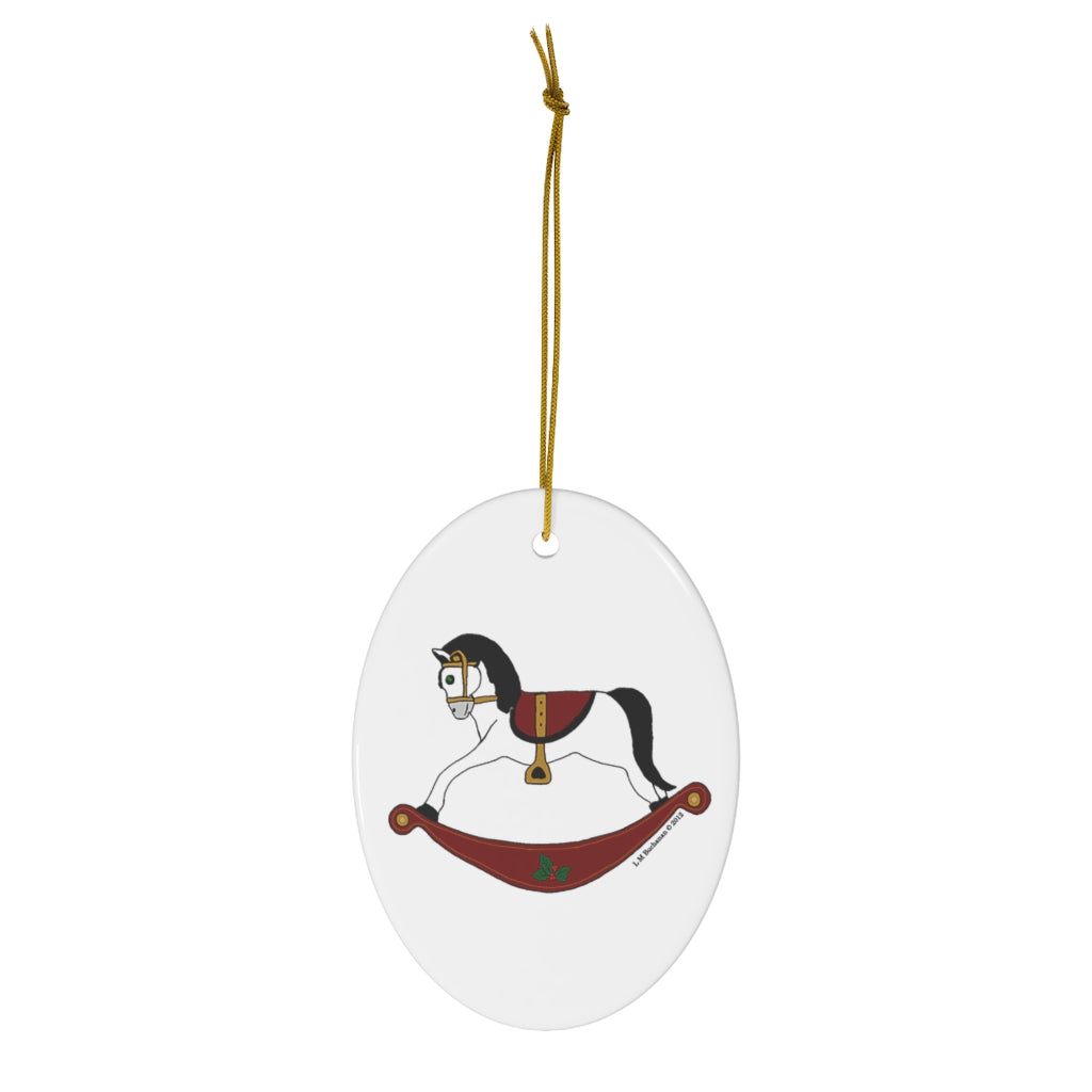 White and Red Rocking Horse Oval Ceramic Ornament