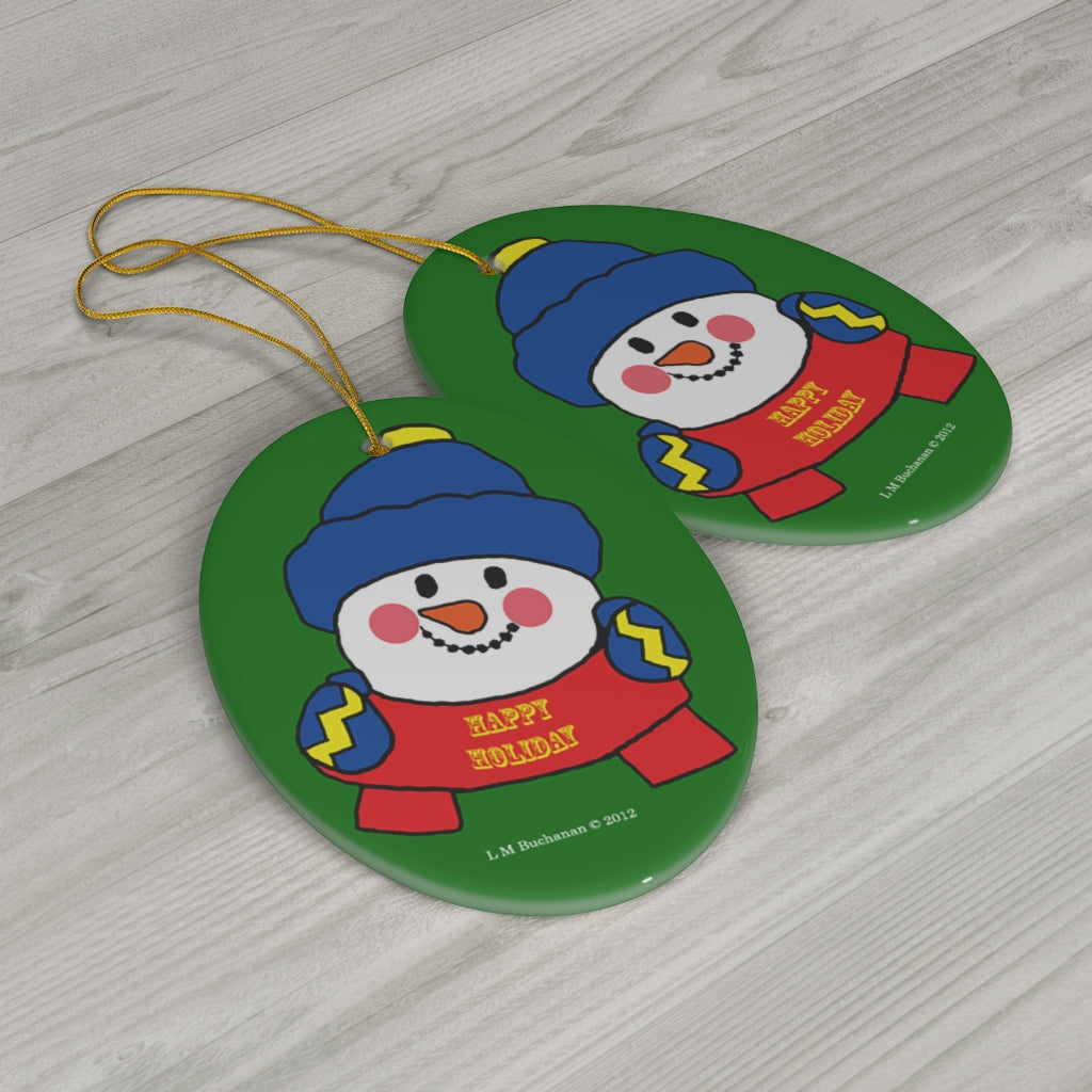 Happy Holiday Snowman Oval Ceramic Ornament
