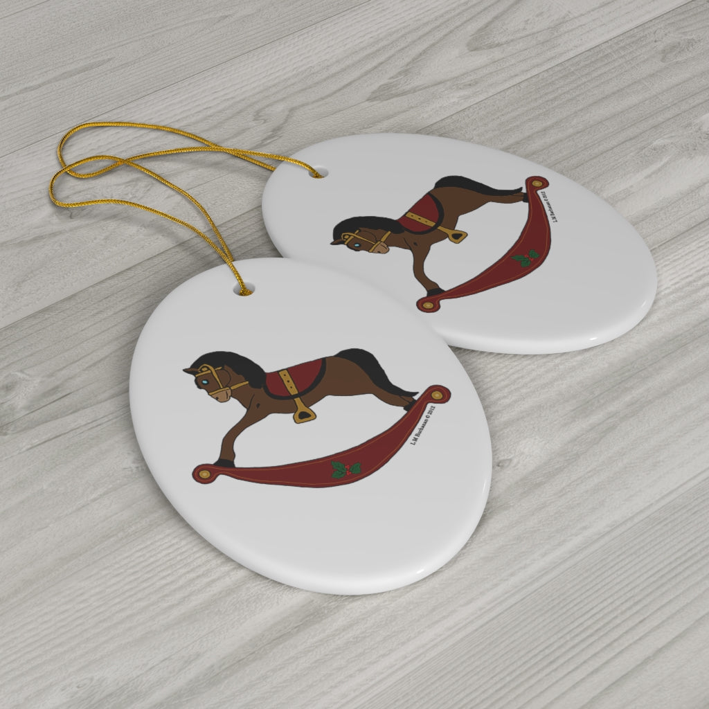 Brown and Red Rocking Horse Oval Ceramic Ornament