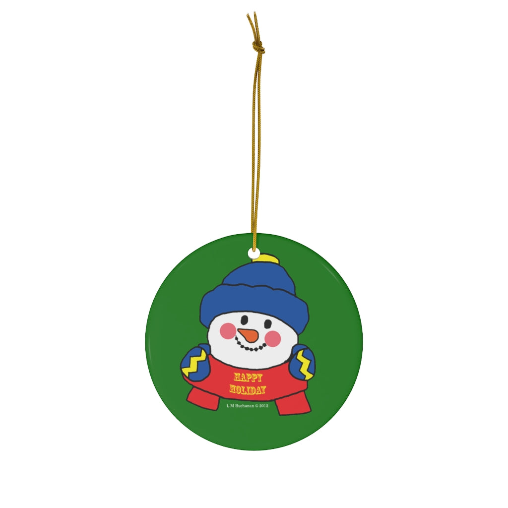 Happy Holiday Snowman Round Ceramic Ornament