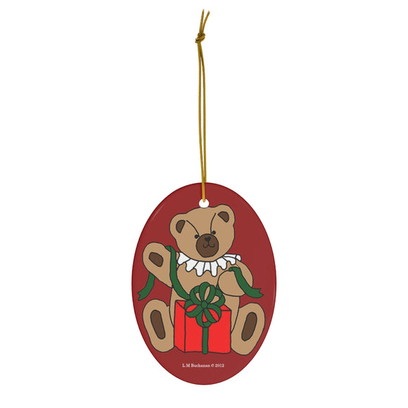 Holiday Bear with Gift Oval Ceramic Ornament