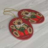 Holiday Bear with Gift Oval Ceramic Ornament