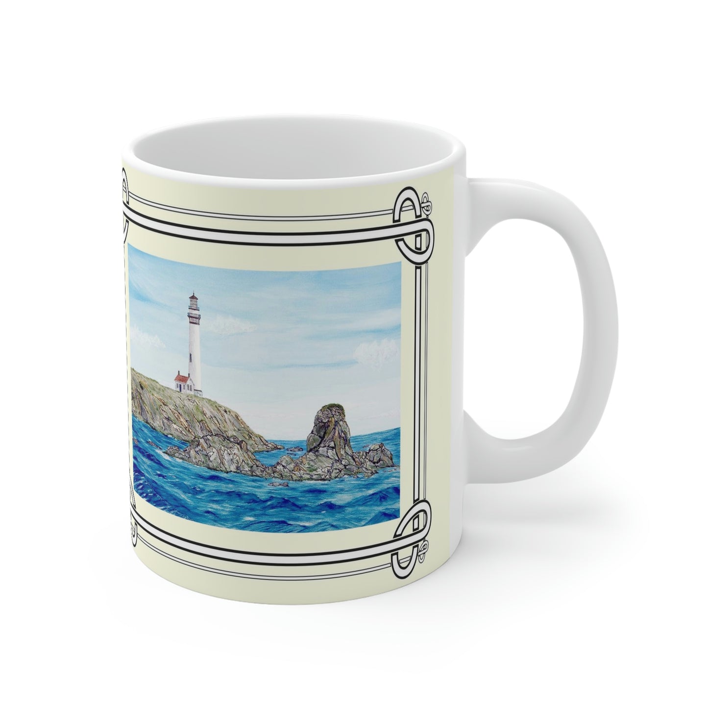 Pigeon Point Lighthouse is 50 miles south of San Francisco in Pescadero, California. On this sparkling sunny day, the lighthouse looks out over the menacing rocks in the Pacific Ocean. At 115 feet, the lighthouse is the tallest on the West Coast of the USA. It is an active aid to navigation. This unique lighthouse mug makes a perfect gift!   The mug design is a reproduction of an original watercolor by Lee M. Buchanan and has the image on the front and back of the mug.