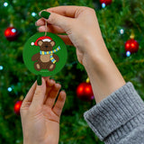 Holiday Bear with Santa Hat Round Ceramic Ornament