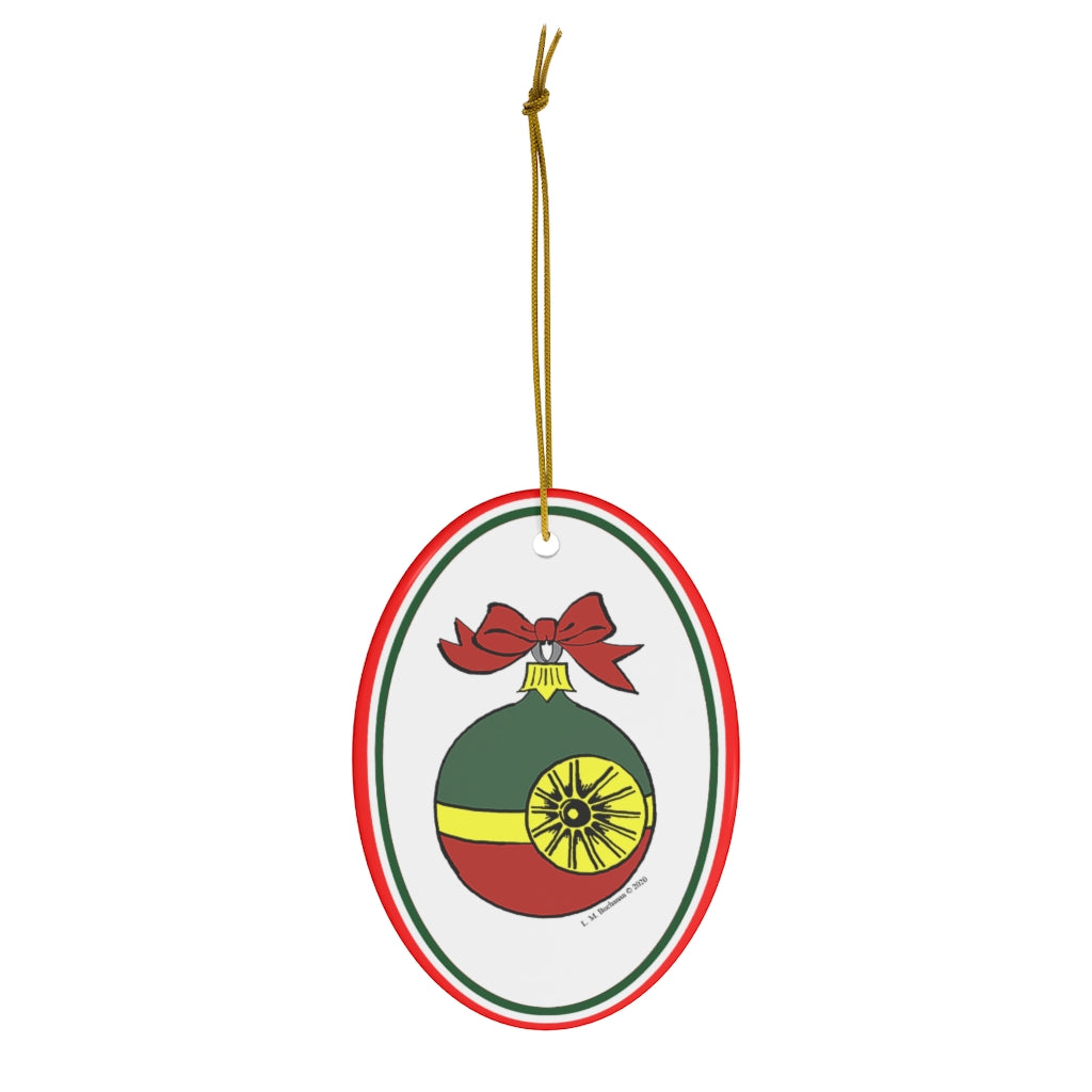 Red, Green and Gold Starbright Oval Ceramic Ornament