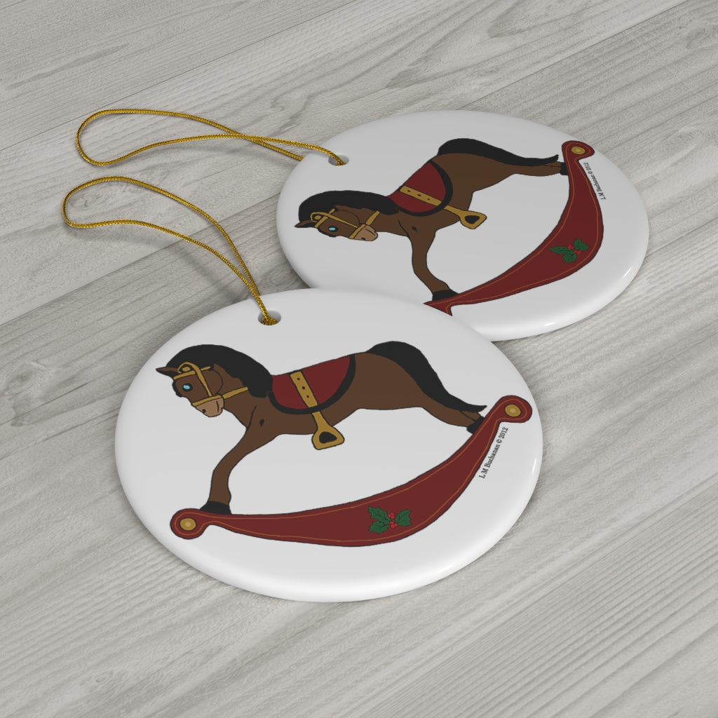 Brown and Red Rocking Horse Round Ceramic Ornament