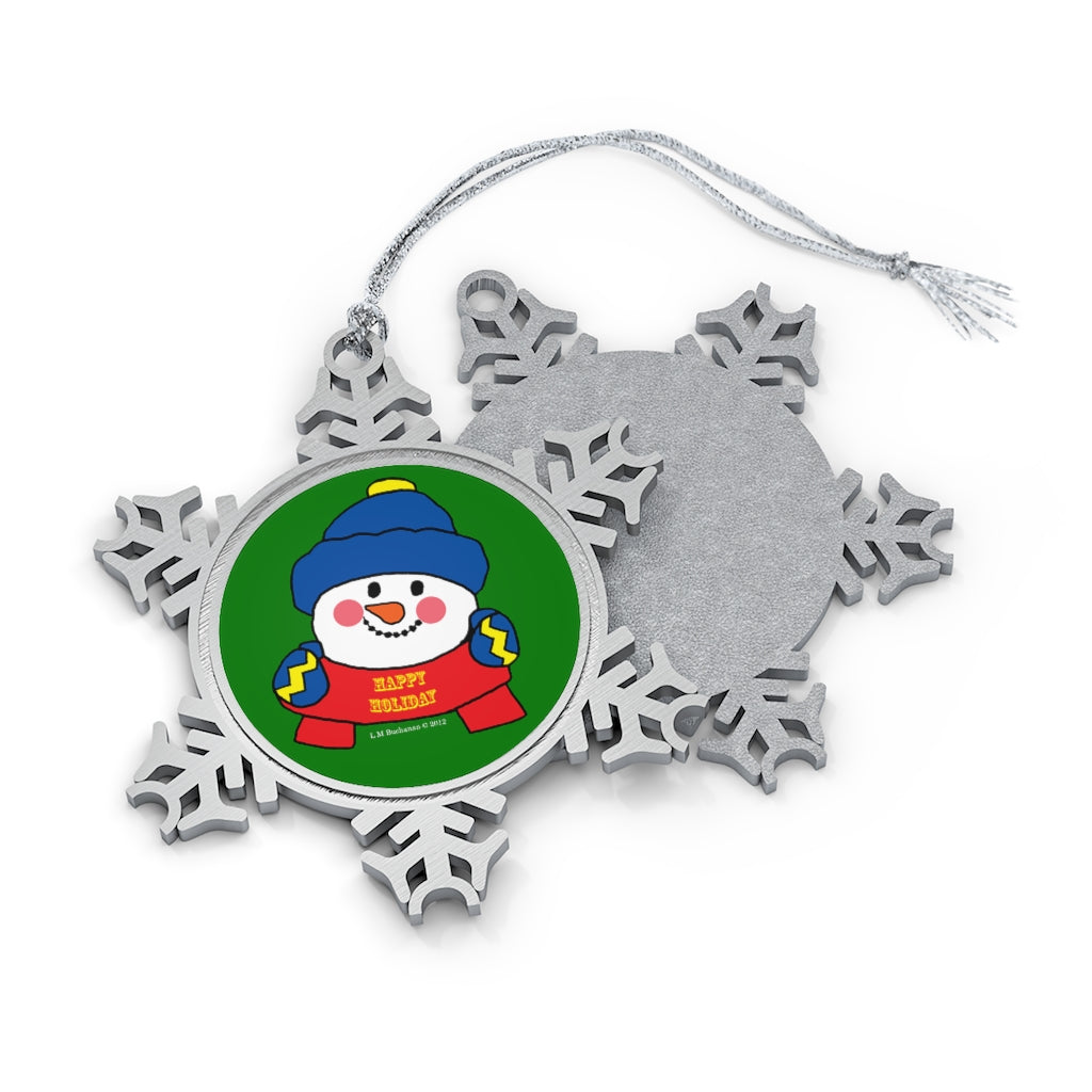 Happy Holiday Snowman Pewter Snowflake Ornament