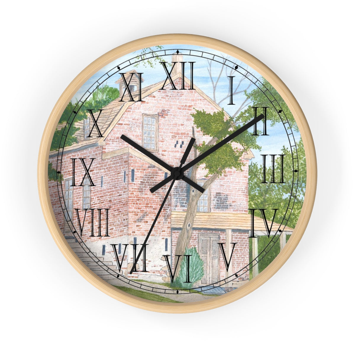 The General Store in New Jersey’s Batsto Village State Park recalls a bygone day when the general store was the center of community activity. This charming clock features Roman Numerals and will add a classic touch to to any room in your home as you gaze on this delightful scene!     The image in the clock design is a reproduction of an original watercolor by Lee M. Buchanan. 