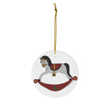 Grey and Red Rocking Horse Round Ceramic Ornament