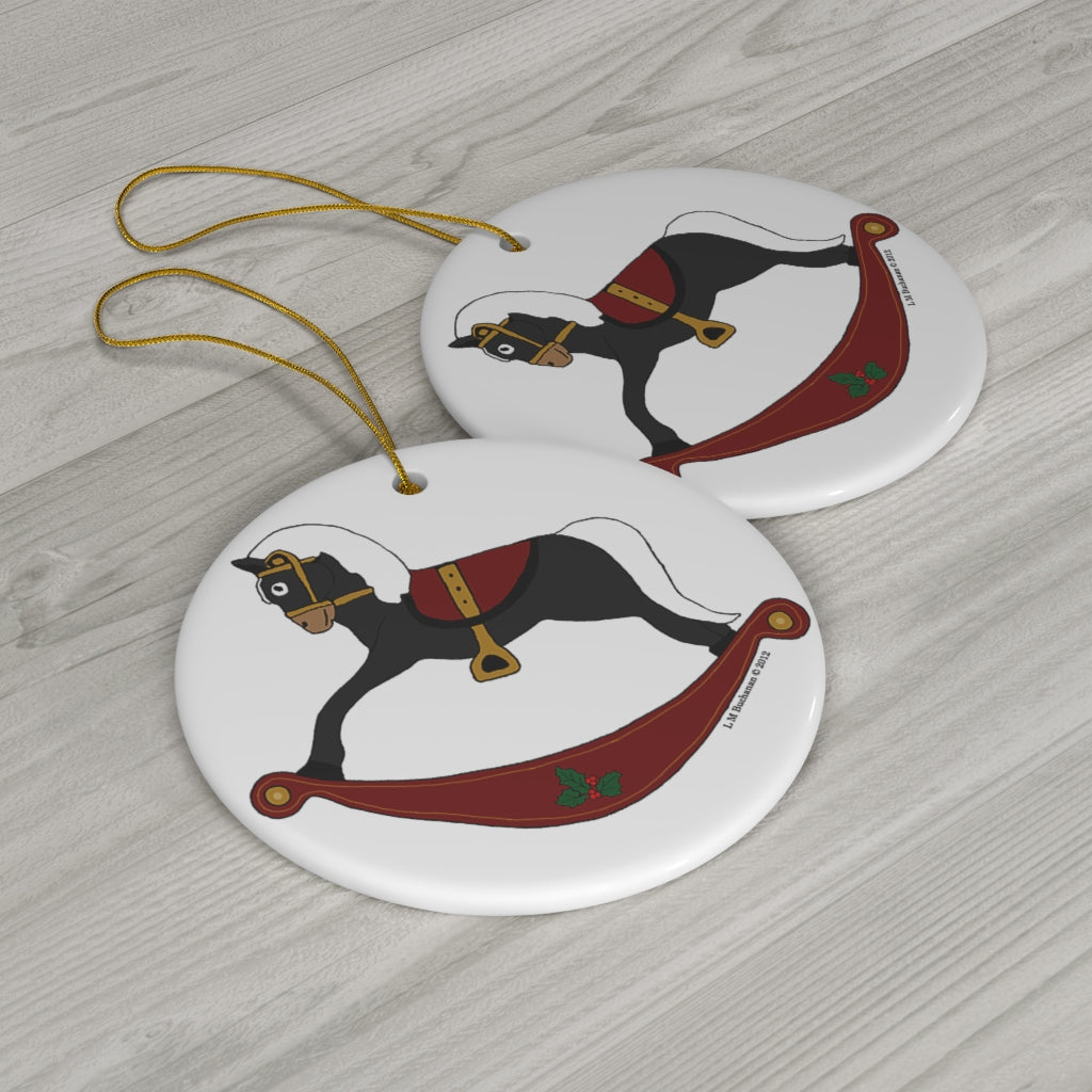 Black and Red Rocking Horse Round Ceramic Ornament
