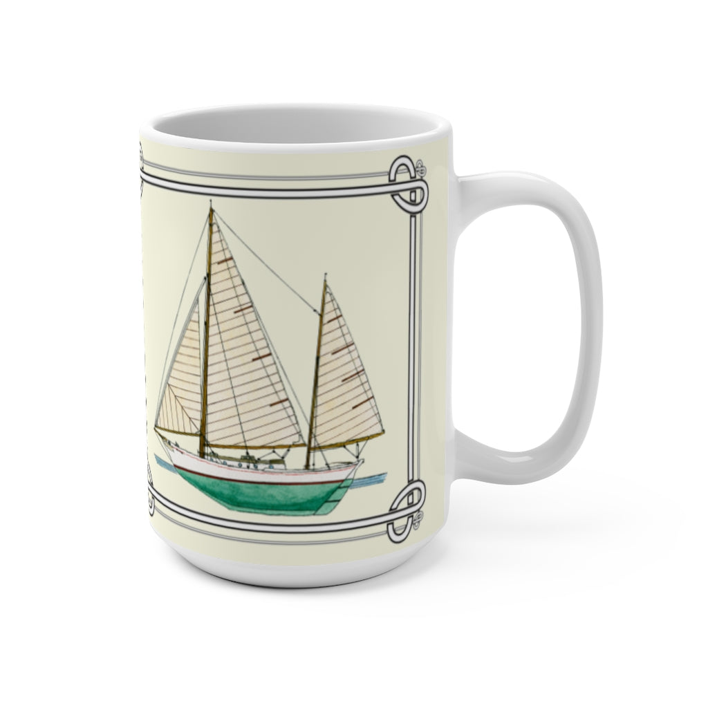 The Radiant Star is a Clipper Bowed Cruising Ketch with a flat transom, an outboard rudder and clipper bow. Sailing enthusiasts will enjoy using this mug on both land and sea. Great gift for your favorite sailor!   The mug design is a reproduction of an original watercolor by Lee M. Buchanan and has the image on the front and back of the mug.