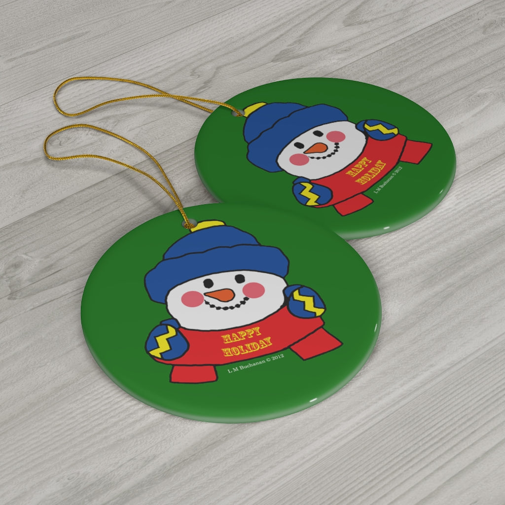Happy Holiday Snowman Round Ceramic Ornament