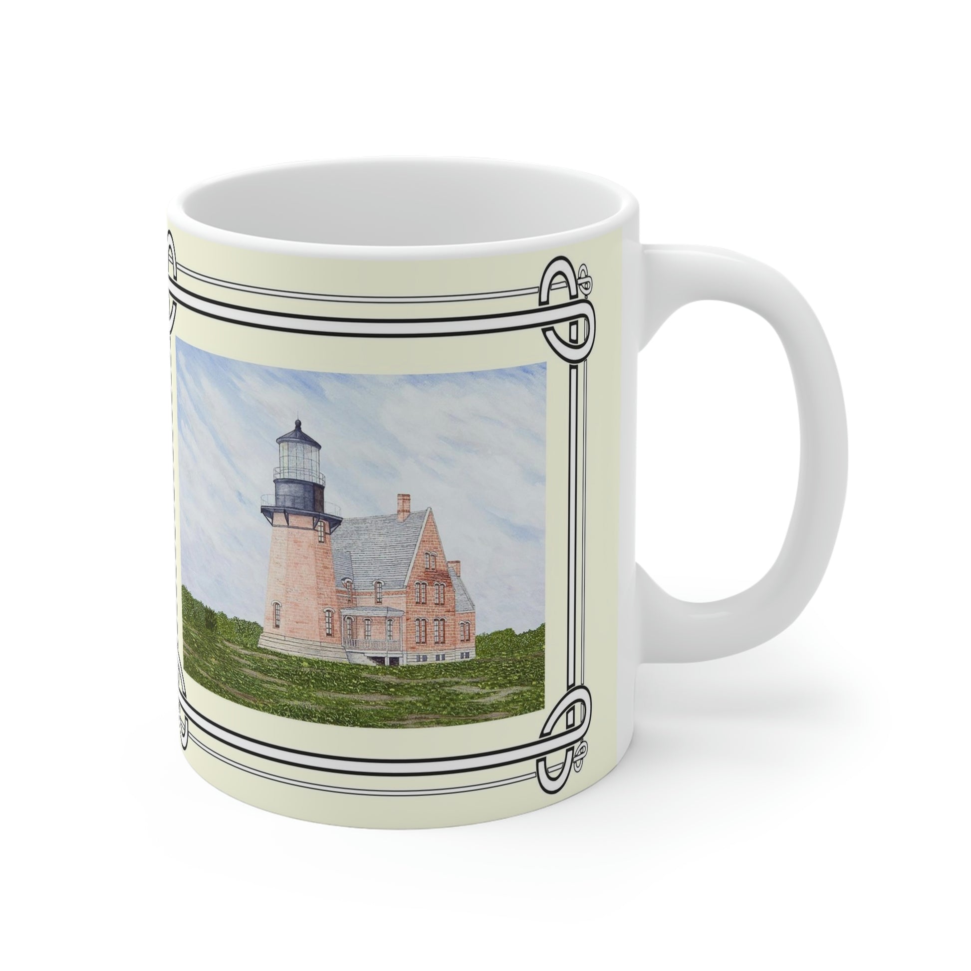 Southeast Light is located atop Mohegan Bluffs on Block Island, Rhode Island. The island is surrounded by submerged rocks and sandy shoals. Built in 1875, the octagonal tower is 67 feet tall. In 1993 the lighthouse was moved 300 feet inland to protect it from erosion.  The mug design is a reproduction of an original watercolor by Lee M. Buchanan and has the image on the front and back of the mug.