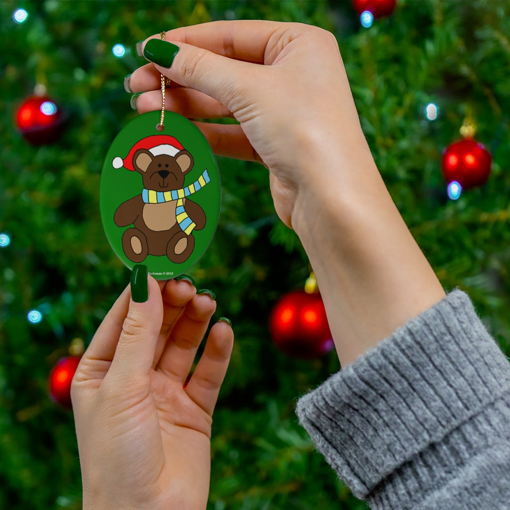 Holiday Bear with Santa Hat Oval Ceramic Ornament