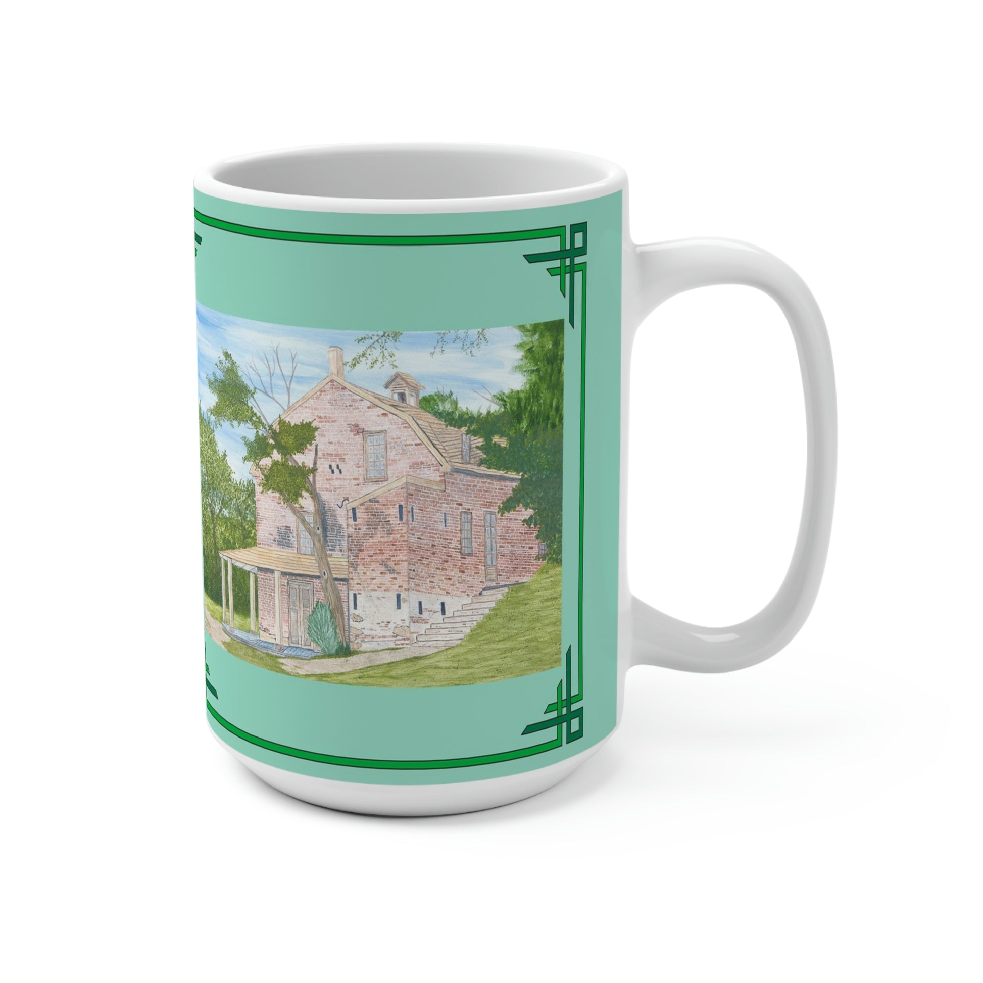 The General Store in New Jersey’s Basto Village State Park recalls a bygone day when the general store was the center of community activity. Enjoy a cup of Coffee, Tea or Hot Chocolate as you gaze at this delightful scene! The General Store image is framed in Spring green to capture the beauty of the General Store in the freshness of the new season. The mug image is a reproduction of an original watercolor by Lee M. Buchanan.