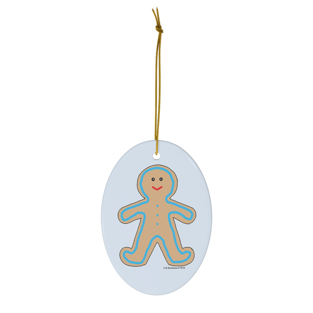 Happy Gingerbread Boy Oval Ceramic Ornament