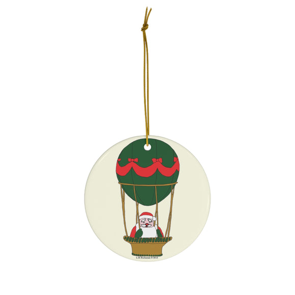 Red and Green Balloon Santa Round Ceramic Ornament
