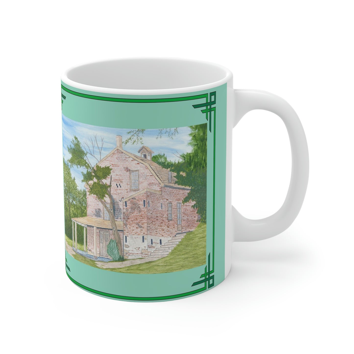 The General Store in New Jersey’s Basto Village State Park recalls a bygone day when the general store was the center of community activity. Enjoy a cup of Coffee, Tea or Hot Chocolate as you gaze at this delightful scene!   The General Store image is framed in Spring green to capture the beauty of the General Store in the freshness of the new season.  The mug image is a reproduction of an original watercolor by Lee M. Buchanan.