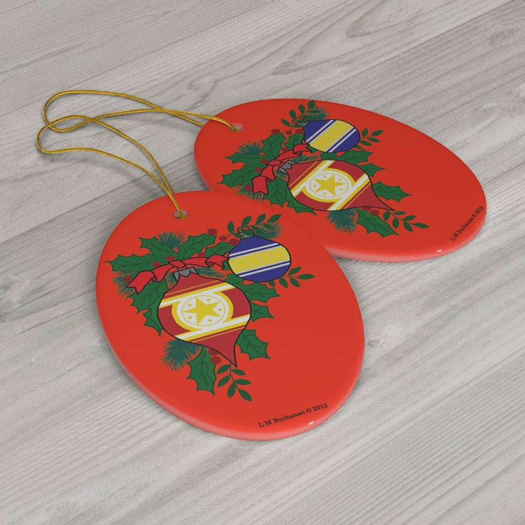 Christmas Balls with Holly Oval Ceramic Ornament