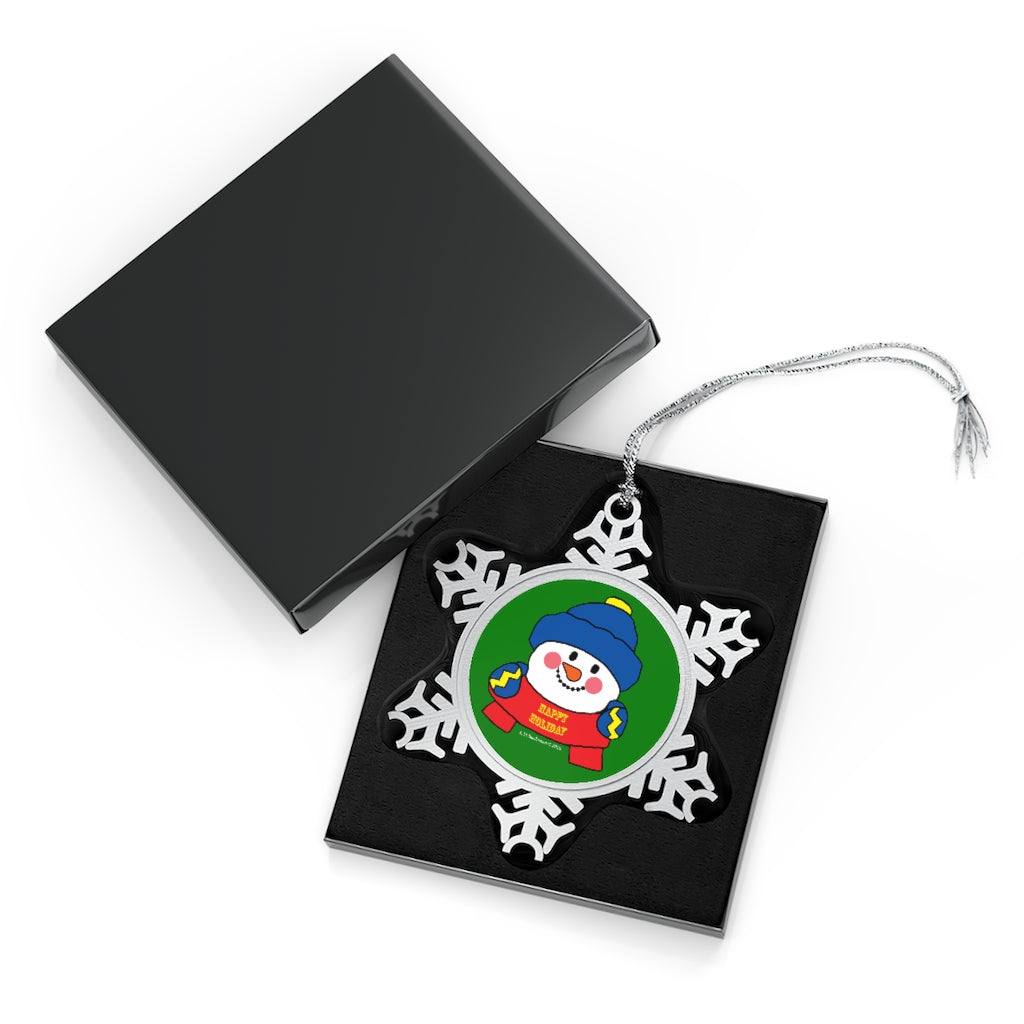 Happy Holiday Snowman Pewter Snowflake Ornament