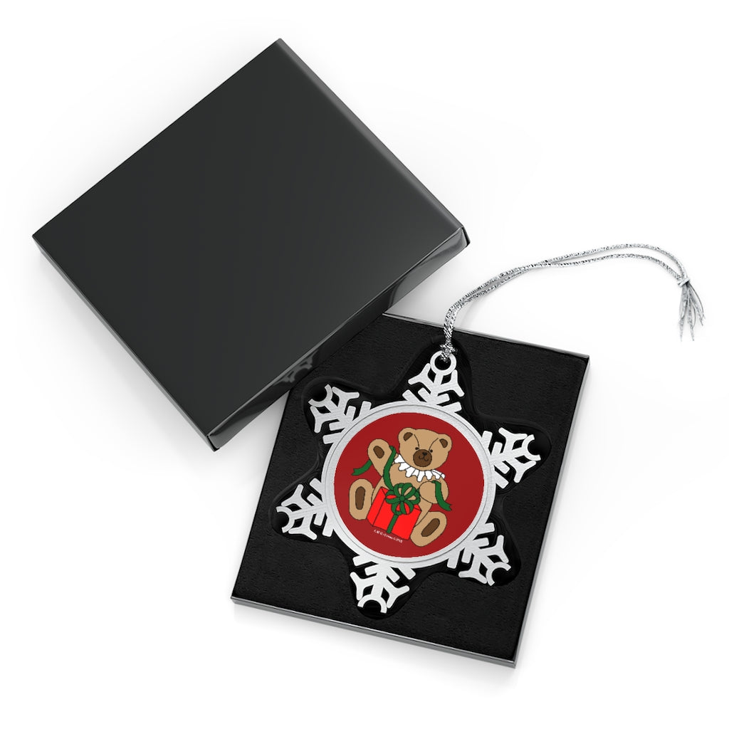 Holiday Bear with Gift Pewter Snowflake Ornament