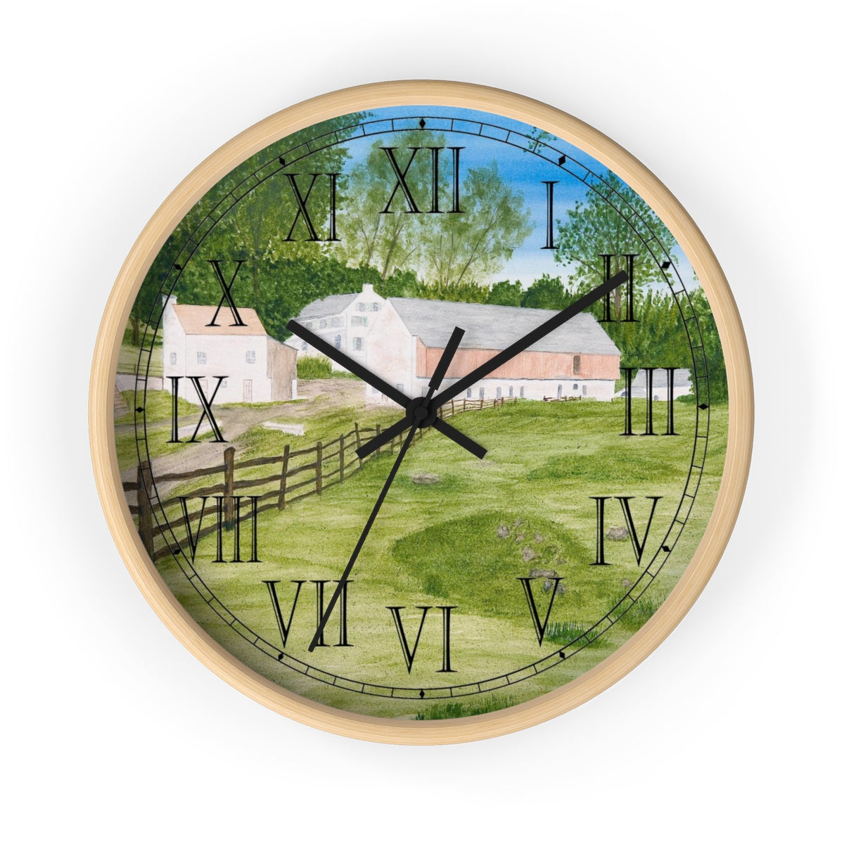 French Creek State Park in Pennsylvania provides the peaceful setting for this restful scene. The clock features Roman Numerals that add to the classic, bygone days nature of this setting. You'll enjoy the country charm of this clock in any room in your home. Country friends and lovers of farm house decor will welcome this clock as a thoughtful gift.      The image in the clock design is a reproduction of an original watercolor by Lee M. Buchanan. 