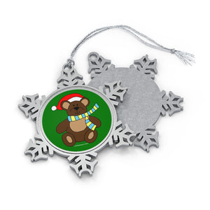Holiday Bear with Santa Hat Pewter Snowflake Ornament