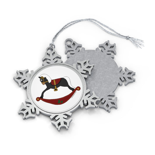 Black and Red Rocking Horse Pewter Snowflake Ornament